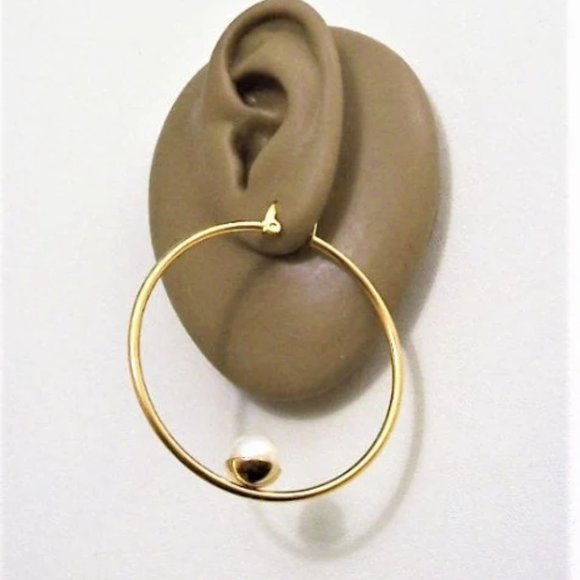 Single Pearl Hoops Pierced Stud Earrings Gold Vintage 50mm - Picture 3 of 6